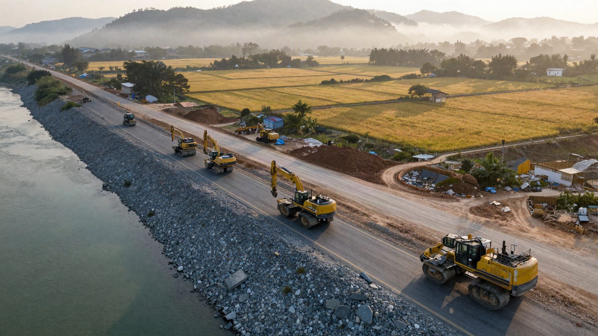 Công trường thi công kè đá và hạ tầng ven sông của KELOPH